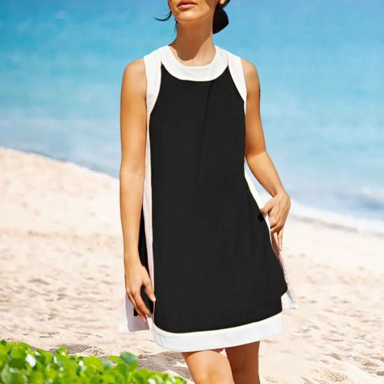 Комплект из двух вещей для женщин Летние наряды в стиле бохо с цветными блоками Без рукавов Круглый вырез Разрез сбоку Мини-платье Повседневные комплекты с шортами для отдыха