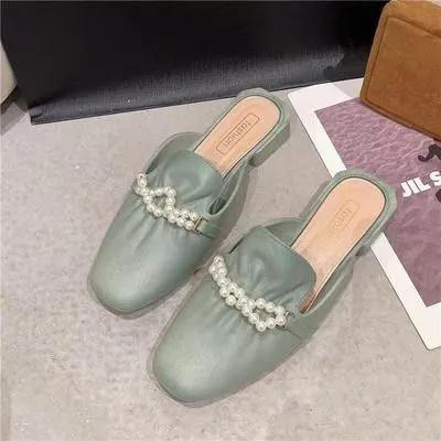 Женские mules без задника на низком каблуке, квадратный носок, полутапочки, декоративная жемчужная цепочка, повседневная уличная обувь