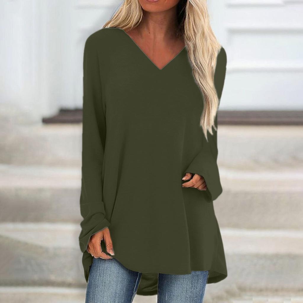 Women's Fashion Casual T-shirt Solid Color Long Sleeve V-neck Medium Long Top