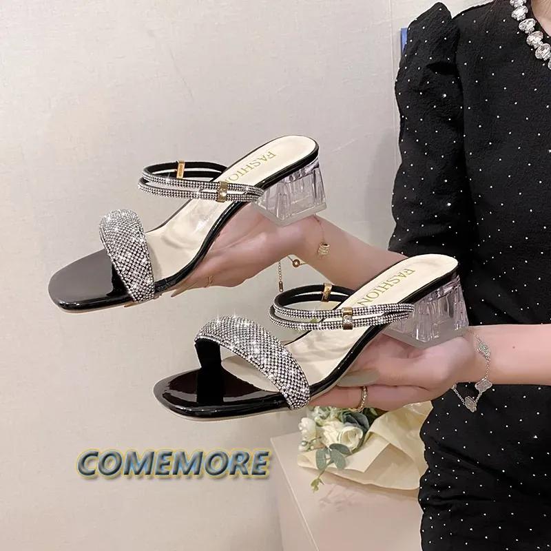 Shiny Gold Silver Women Sandals Summer 2024 Crystal High Heels Party Shoes Woman Slipper Comfortable Thick Heel Slides Sandalias