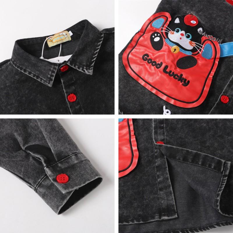 American Retro Washed Denim Shirt Lucky Cat Embroidery Loose Fit Teens