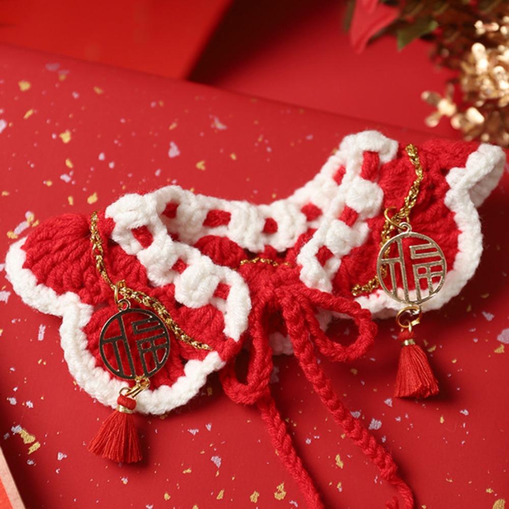 Chinese-style New Year Knitted Pet Collar Adjustable Length Pet Bib Festive Cat Tie  for Cats Puppy