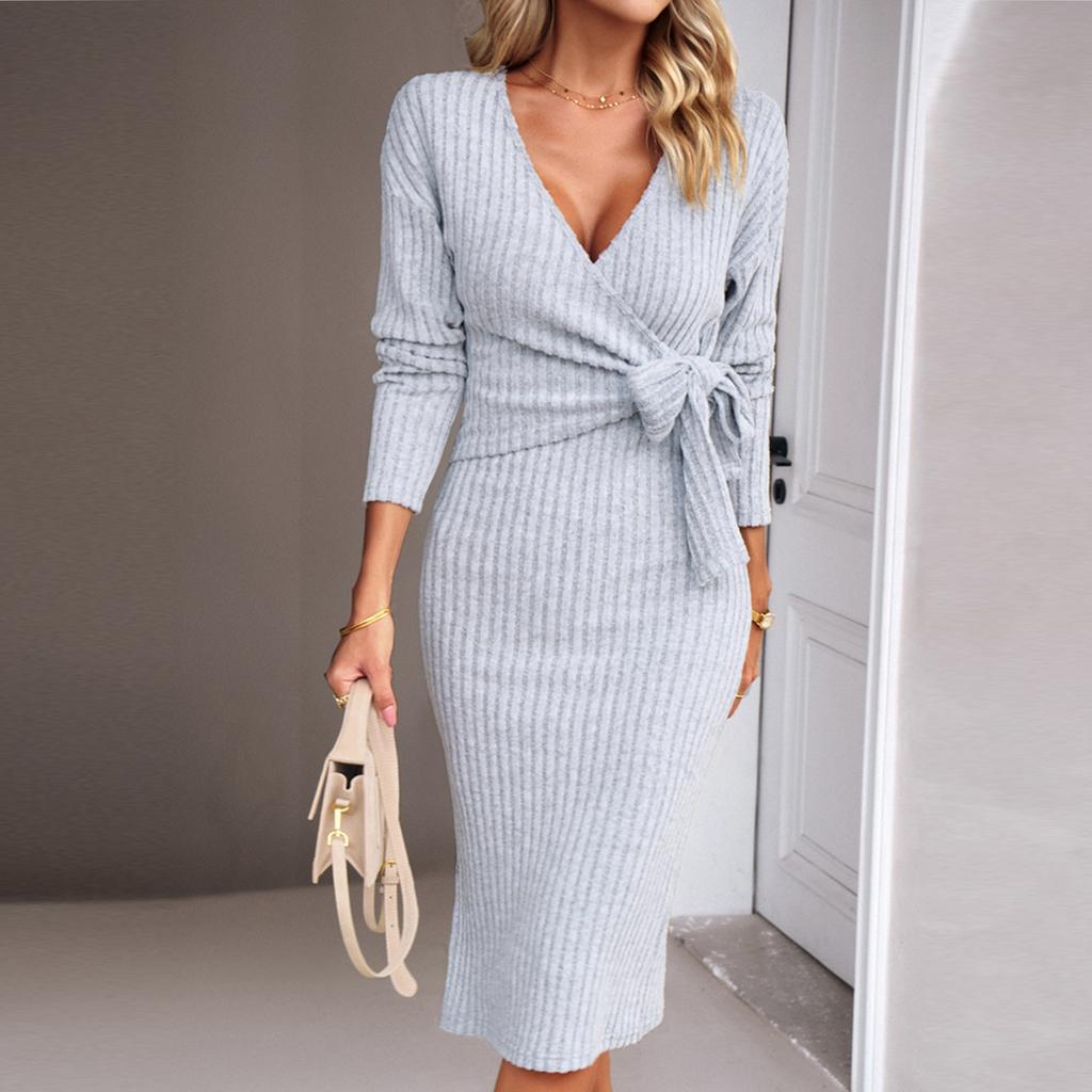 Женское осеннее и зимнее однотонное вязаное платье-свитер с v-образным вырезом, платья с тонкой талией и завязками