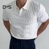 Мужской летний топ с отложным воротником и V-образным вырезом, жаккардовая вязаная сплошная цветная рубашка с короткими рукавами, свободная эластичная формальная деловая рубашка средней длины, мужская повседневная рубашка