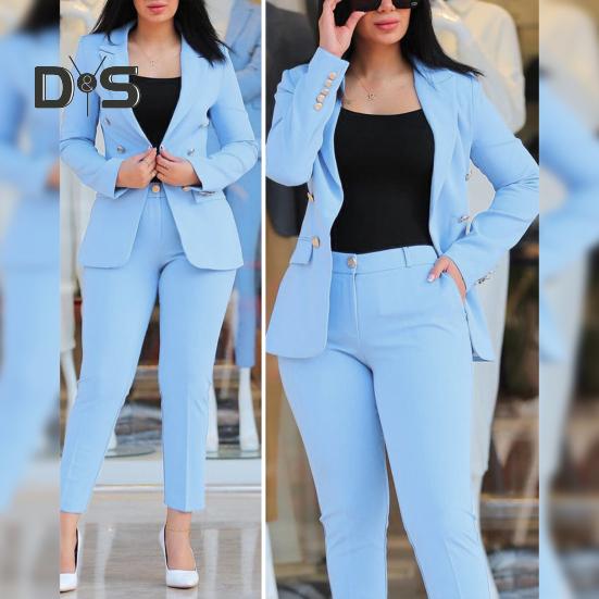 2 Pcs/Set Women Coat Pants Suit Double-breasted Long Sleeve Cadigan Lapel Jacket High Waist Button Zipper Closure Slim Fit Pants Lady OL Commute