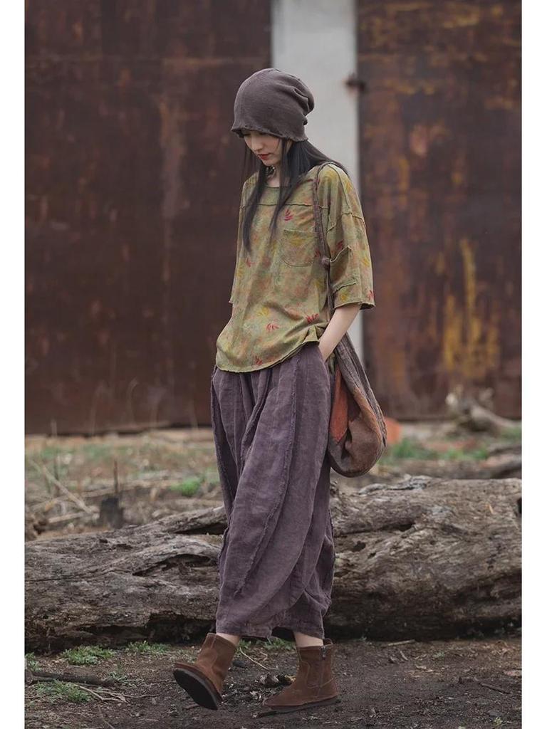 Женская футболка с коротким рукавом из хлопка и льна с пескоструйной обработкой в винтажном стиле