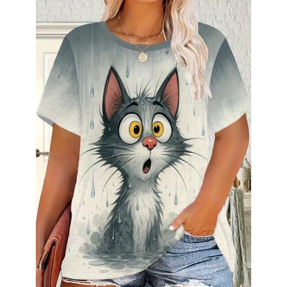 Новая модная женская футболка с коротким рукавом и 3D-печатью, милый кот, большой размер, свободная повседневная футболка