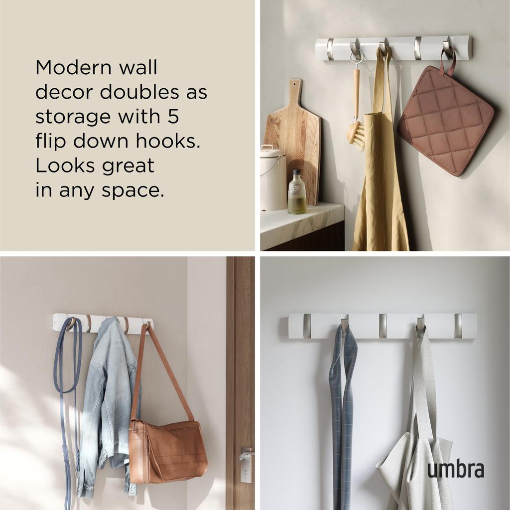 Umbra Flip Shine Wall Storage Hooks, White, 5-Hook Hooks,