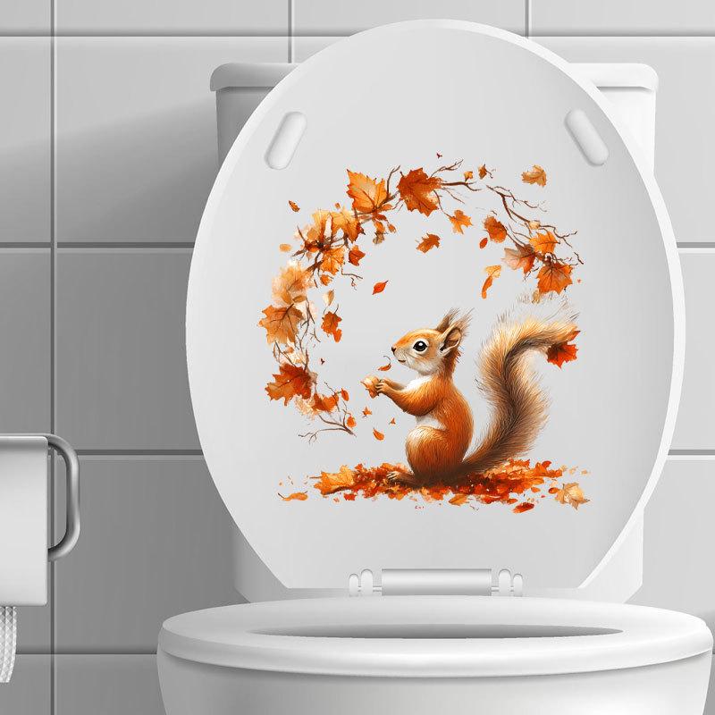 Самоклеящиеся водостойкие ПВХ наклейки на туалет Мультяшная белка Кленовый лист для ванной комнаты Креативный декор стен