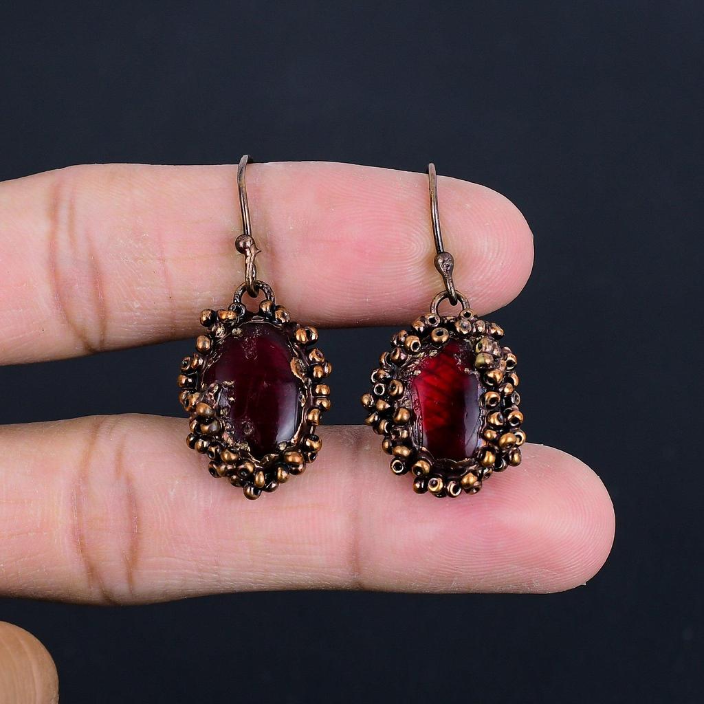 Красный Лабрадорит В Медной Гальванопластике, Серьги с Натуральными Камнями Ручной Работы, Ювелирные Изделия, Подарки для Жены, Абсолютно Новые Серьги