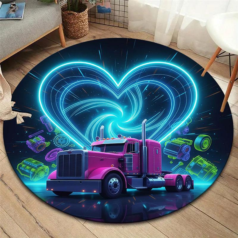 Neon truck Round Area Rug,Carpet Rug for Living Room Bedroom Sofa Playroom Decor,Non-slip Floor Mat