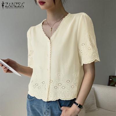 Женская повседневная летняя блузка с V-образным вырезом, коротким рукавом, вышивкой и кружевом