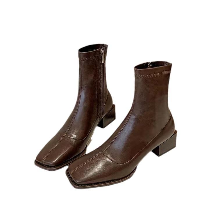 Square Heel Elastic Short Boots Women'S Thick Heel Single Boots Skinny Boots Fashion Brown Martin Boots