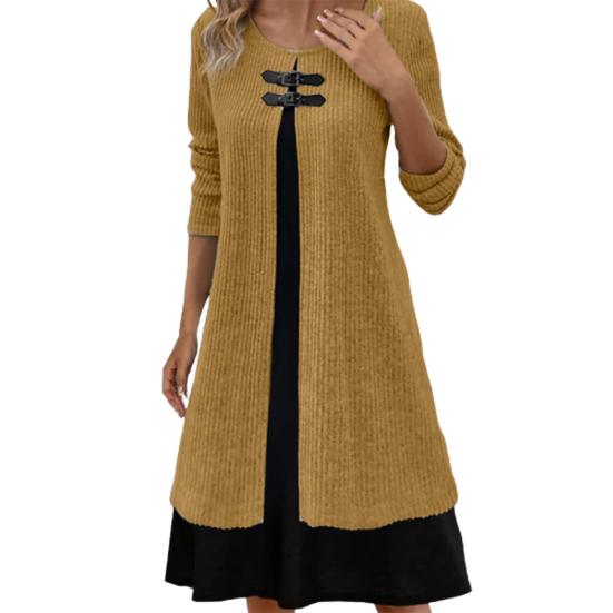 Осенне-весеннее женское платье из двух частей, трапециевидной формы с длинным рукавом, свободный подол, круглая шея, декор с пряжкой, вязаное мягкое цветное платье миди длиной до колена