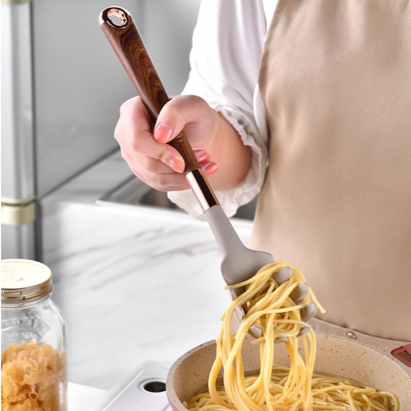 7 PCS Silicone Cooking Kitchen Utensil Set Wooden Handle Kitchen Baking Tools Kitchenware Accessories Storage Bucket