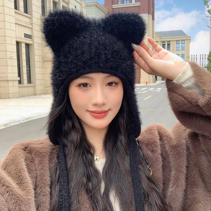 Новая шапка женская забавная ушка однотонная вязаная шерстяная шапка зимняя теплая плюшевая защитная шапка толстая