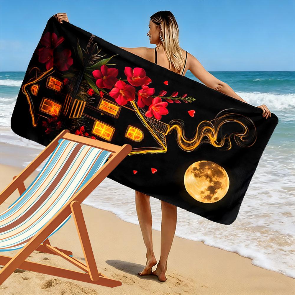 Glowing moonlit cottage dreams Print beach towel, quick drying, suitable for travel, outdoor sports, jogging, the beach and swimming, gift