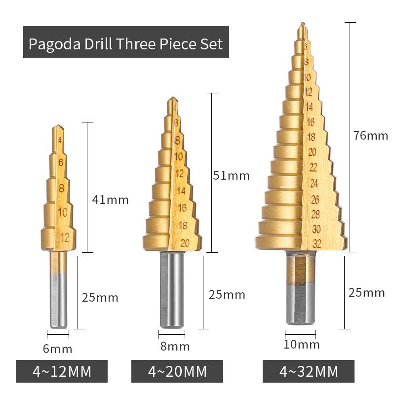 HSS Step Drill Bit Set 4-12/20/32mm Metal Twist Drilling