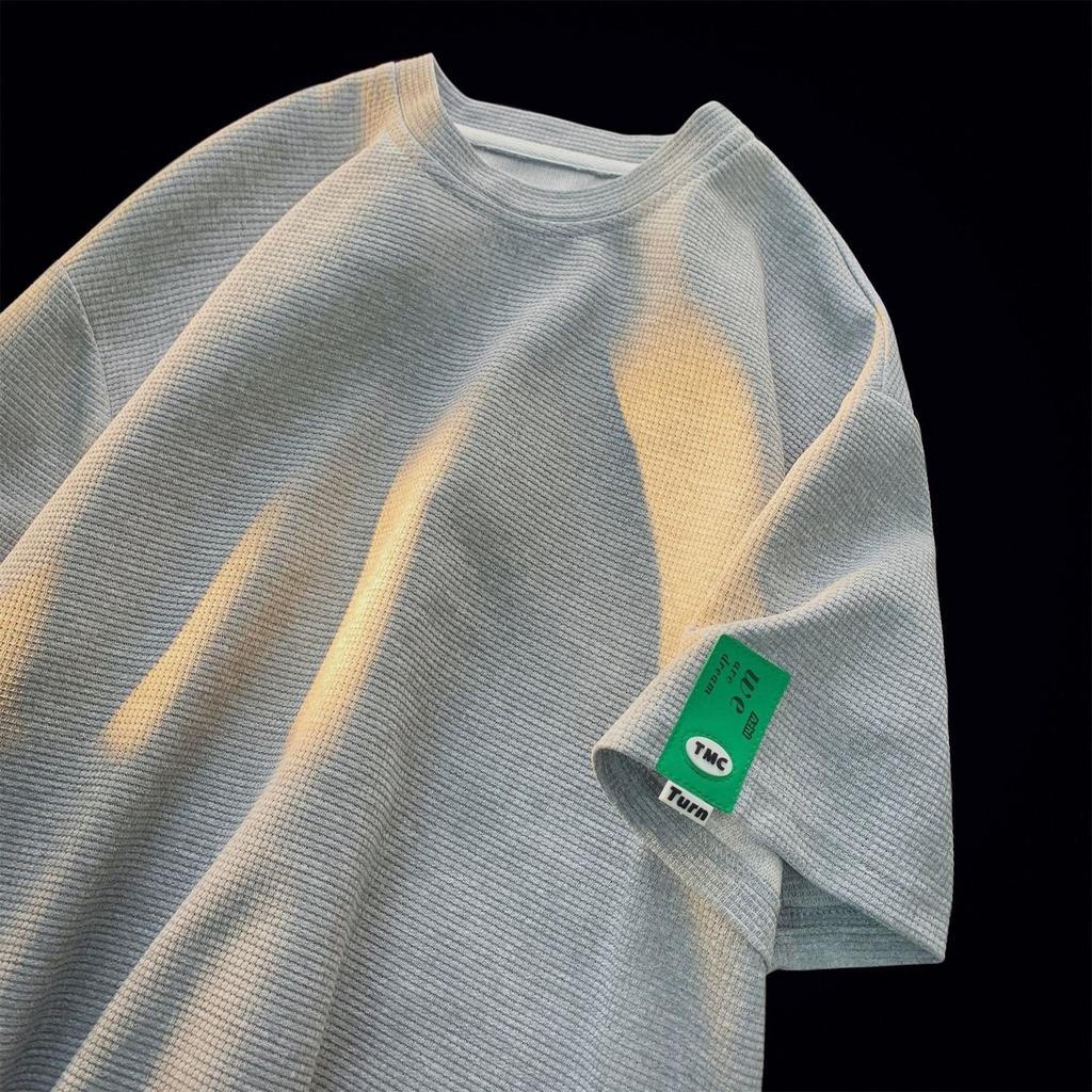 Мужская футболка с коротким рукавом из плотной вафельной ткани, летняя простая свободная однотонная футболка в гонконгском стиле