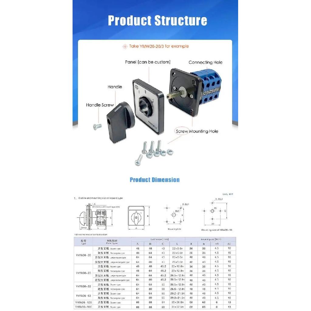 20A Reset Universal Conversion Switch LW26-20/3 Three Section Momentary Dual Power 380V Motor Forward Reverse Cam Switch