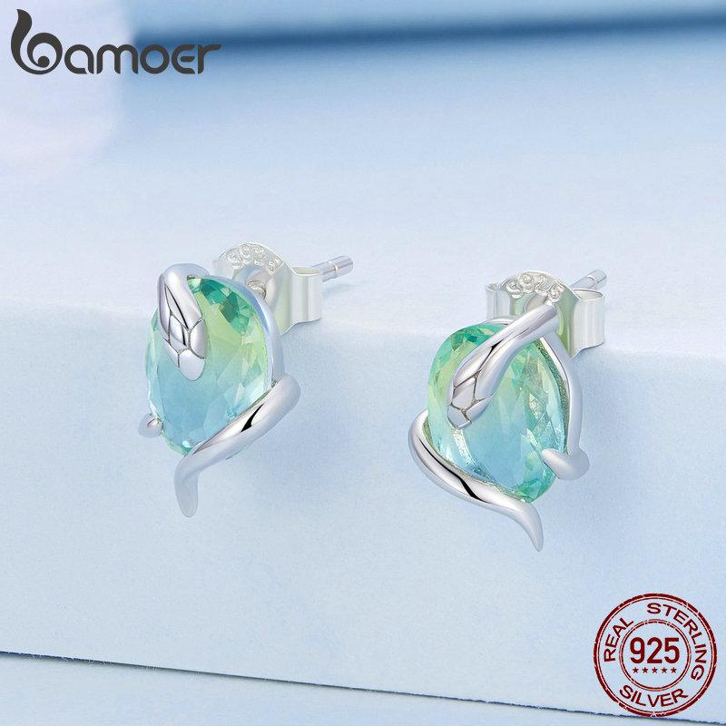 BAMOER Серьги-гвоздики из серебра 925 пробы, винтажные, с зелеными стразами, длинные, в виде змеи, с платиновым покрытием BSE731