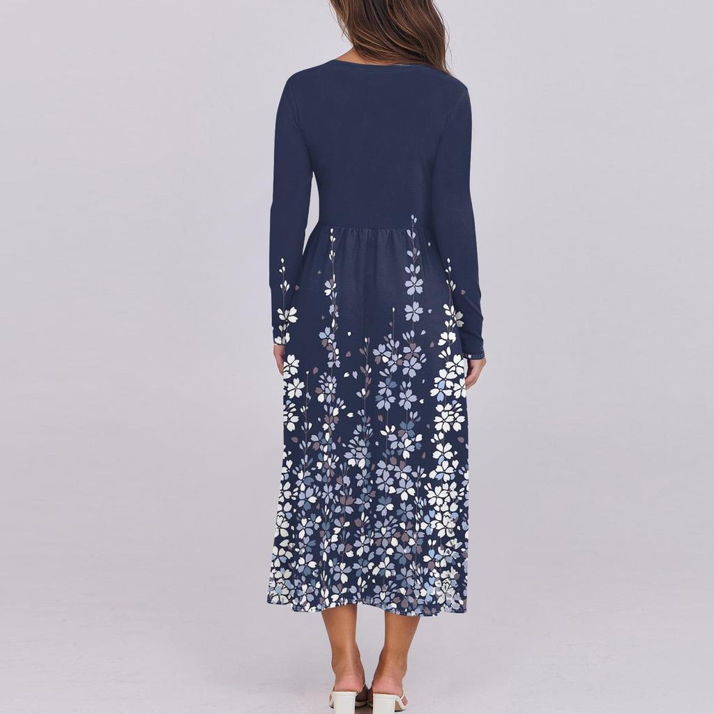 Женское платье миди в стиле бохо с цветочным принтом и градиентом, повседневные платья с длинным рукавом, струящиеся платья со сборками и карманами, праздничные платья для женщин