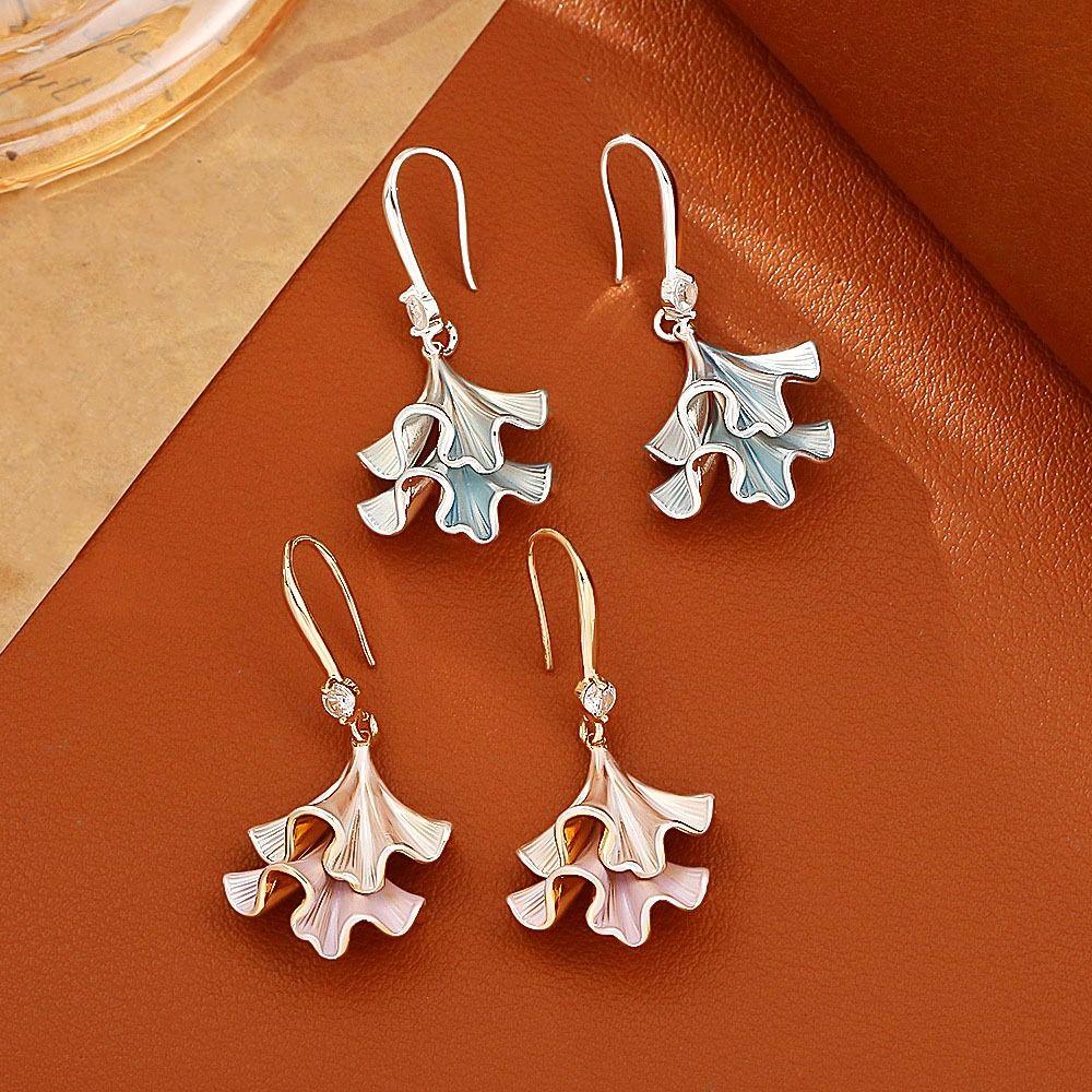 Synthetic Rhinestone Ginkgo Ear Pendant Double-layer Sweet Earrings Jewelry Ginkgo Earrings  Party