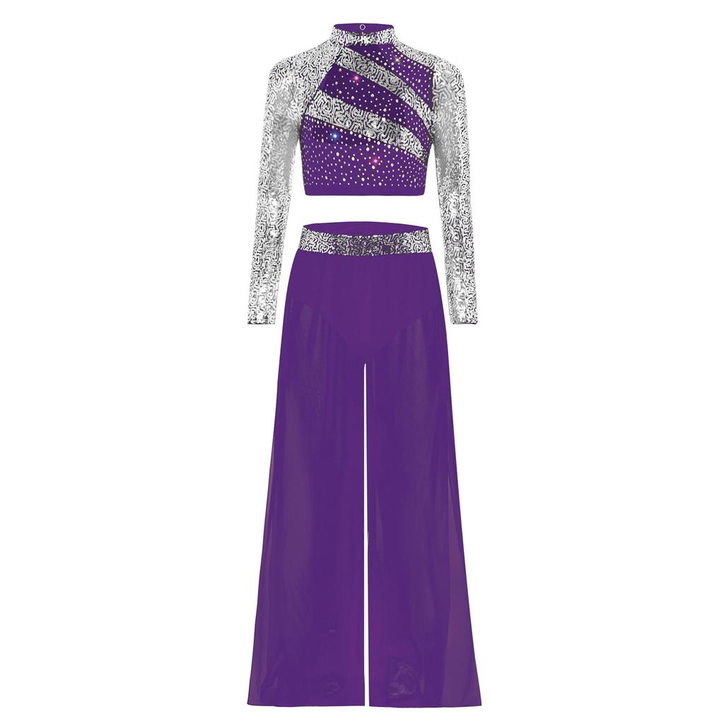 Комплект для выступлений для девочек: кроп-топ с пайетками с длинным рукавом и воротником-стойкой, широкие брюки из струящегося шифона для танцев