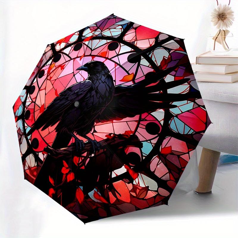 Stained Glass Raven Wall Art Decor - Circular Design with Black Bird on Branch, Umbrella, Va