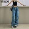 Multi-Pocket Blue Washed Cargo Pants Y2k Retro High Street Fashion High Waist Jeans Couple Harajuku Simple Casual Wide Leg Pants