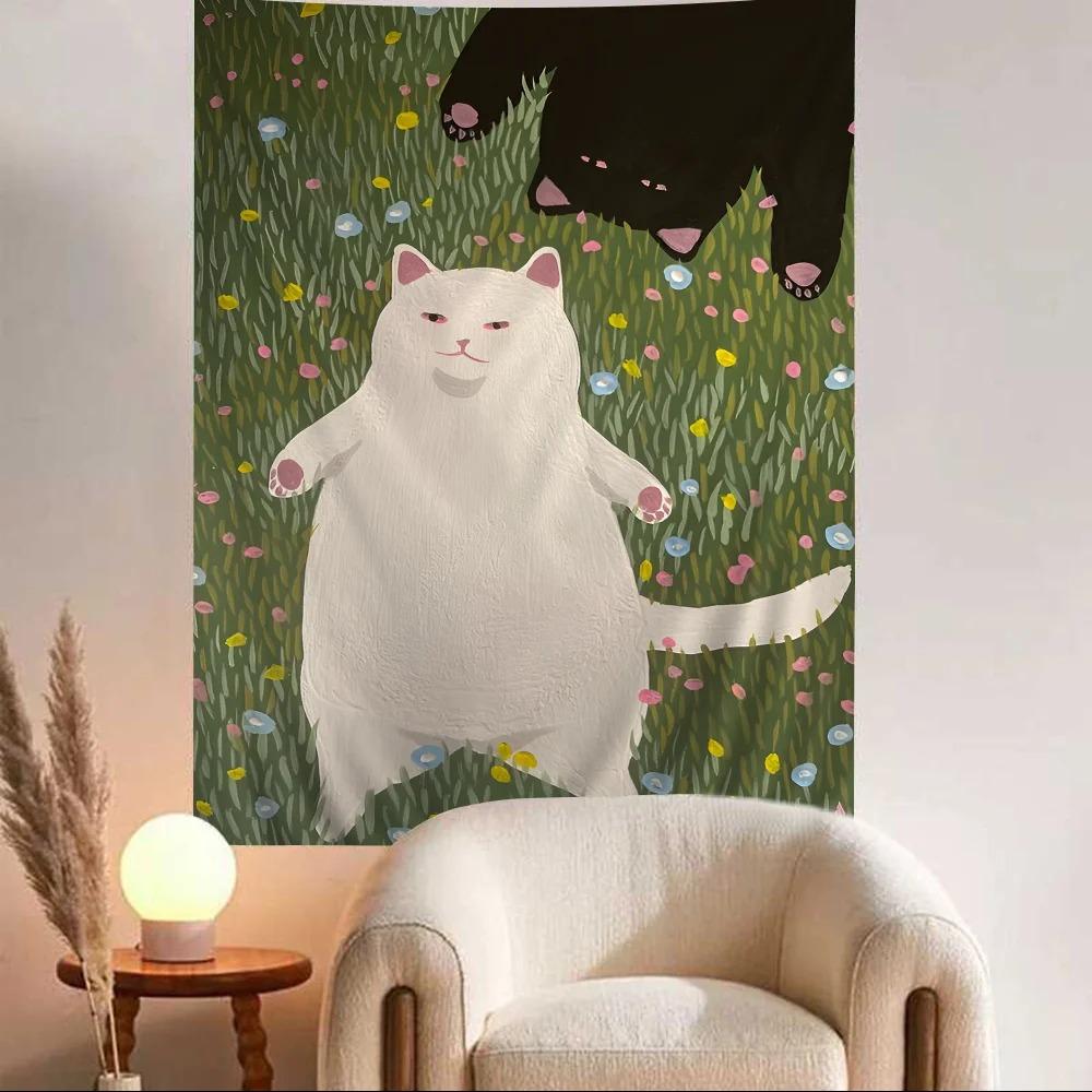 VIKAMA Double Cat Tapestry with Green Field And Flower Motifs Cute Pet Theme Wall Decor for Bedroom And Living Room