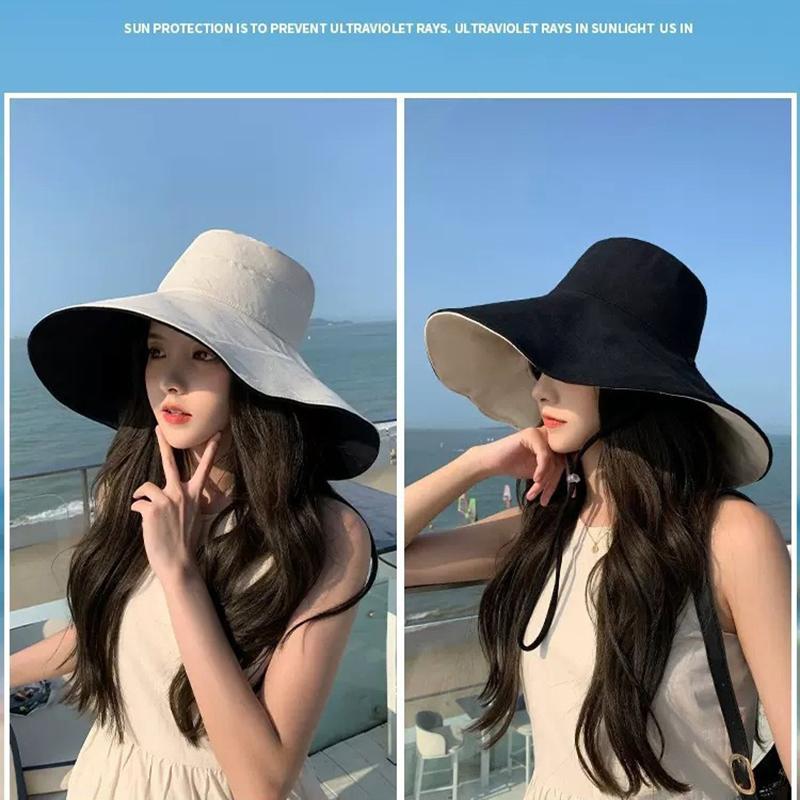 1Pc Summer Big Brim Sun Hat For Female Seaside Sun Protection Uv Beach Cap Double Sided Sun Hat Fisherman Hat W Windproof Rope