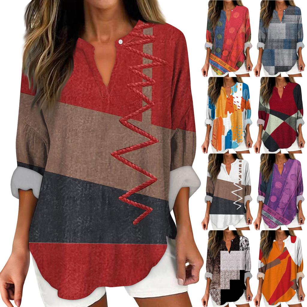 Women's Fashion Casual Printed Drop Shoulder Long Sleeve V-Neck Women's Hemp Top