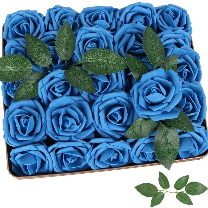 Искусственные цветы, 25/50 шт., искусственные розы, белые свадебные украшения для свадебного душа, композиции для вечеринок, украшения для столов(10 роз+5 листьев/25 роз+5 листьев)