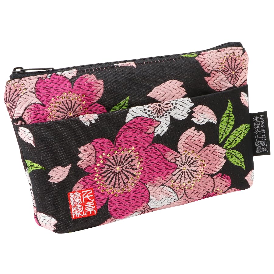 Senshishuin Nishijin Brocade Pouch with Black Love Cherry Blossom Design (Lined) (Small)