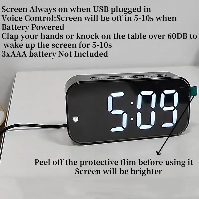Голосовое управление Цифровой будильник Температура Двойной будильник Повтор Настольные часы 3 уровня Регулировка яркости 12/24H LED часы