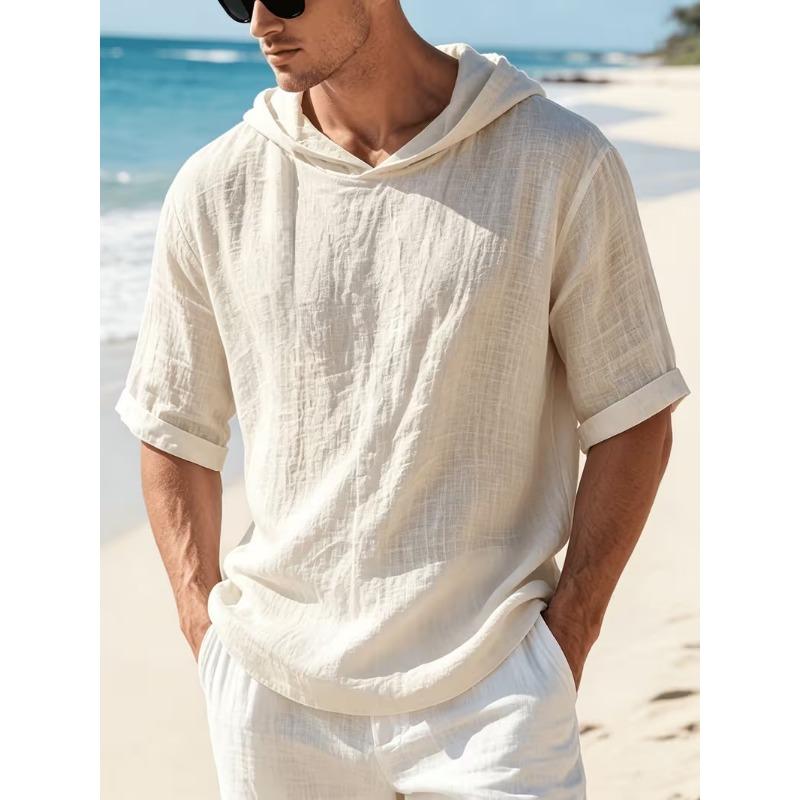 Mens Linen Hooded Short Sleeve T Shirt Loose Fit For Beach Vacation