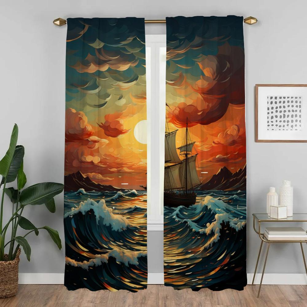Плотные шторы для гостиной, занавеска с изображением корабля, тюль для спальни, перегородка, домашний интерьер, шторы из 2 предметов, оттенки