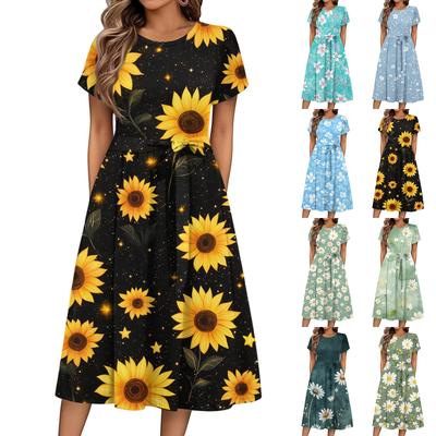 Женское летнее повседневное платье миди с цветочным принтом и круглым вырезом, классическое повседневное свободное платье с коротким рукавом