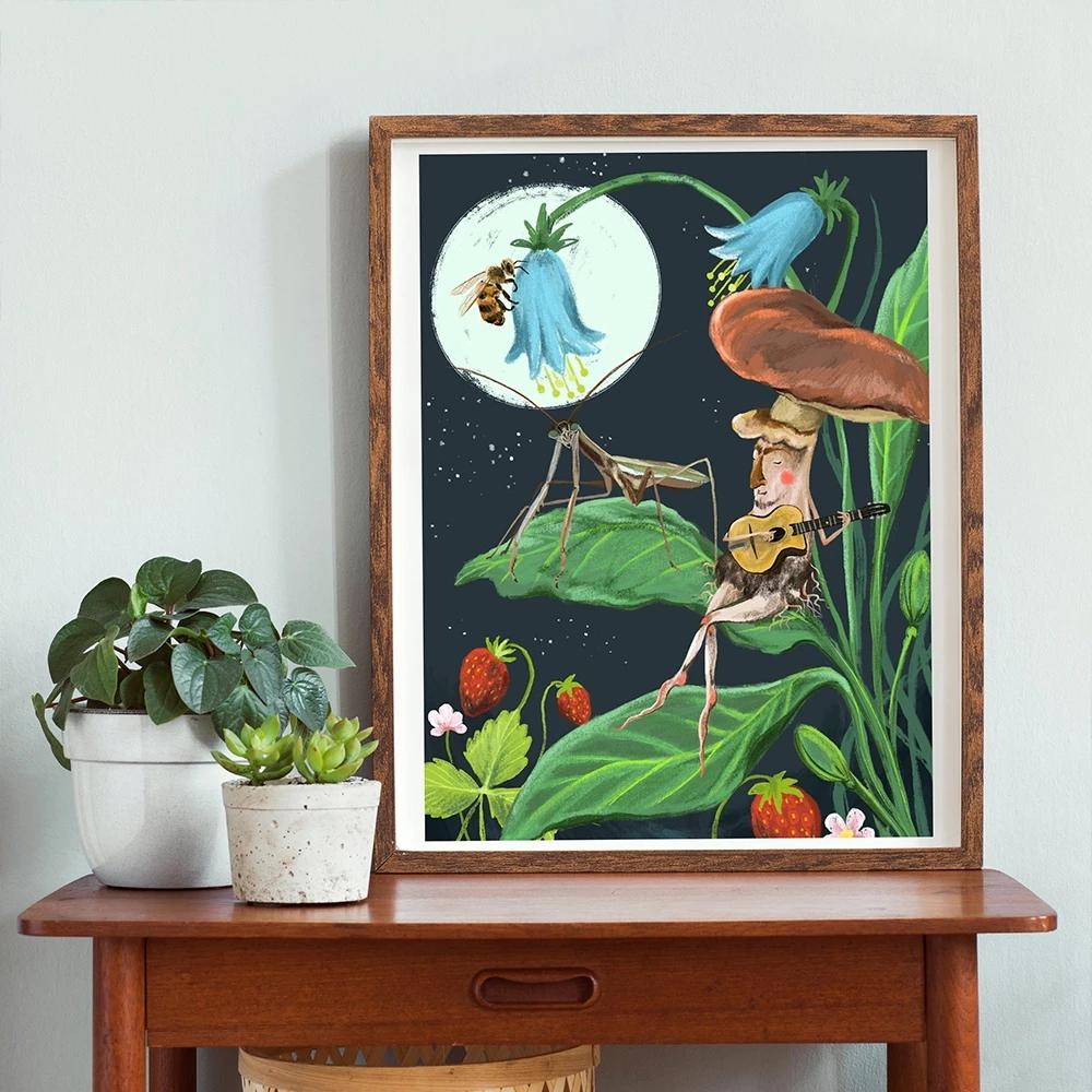 Cartoon Poster Moonlight Plant Band Art Print Forest Night Concert Canvas Painting Nursery Wall Picture Living Room Home Decor No Frame