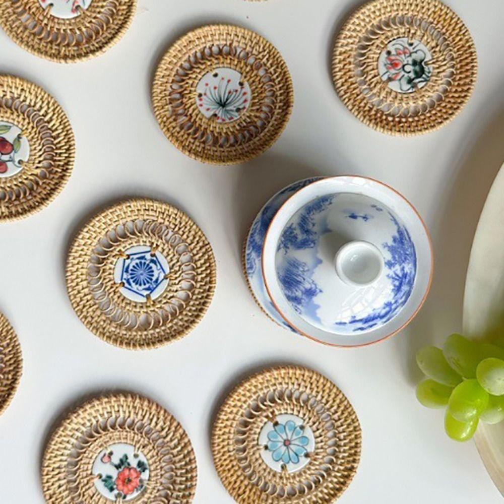 Rattan Weaving Teacup Mat Handmade Drink Cup Mat Vietnamese Rattan Ceramic Coaster Bar