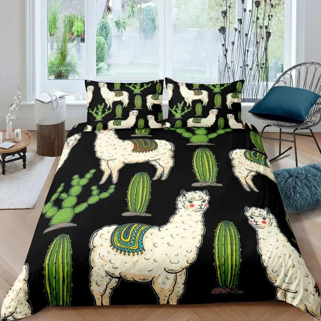 Cute Cartoon Alpaca Llama Cactus Print Duvet Cover Set Full Size, Alpaca Bedding Set Botanical Animal Comforter Cover,Multicolor