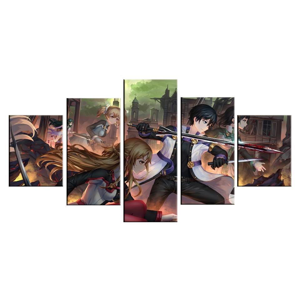 5 Pieces Word Art Online Anime A Group Photo Print Picture Poster Painting Canvas Room Decoration Painting Home Room Decor No Frame