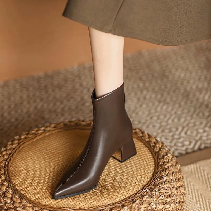 New thick-heeled French fashion small ankle boots pointed toe versatile foreign style short boots women's autumn and winter high heels