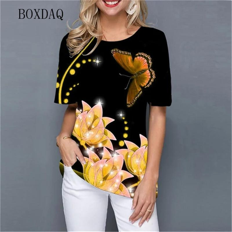 Футболка женская с короткими рукавами и цветочным принтом, летний уличный свитер с круглым вырезом, повседневный дышащий топ