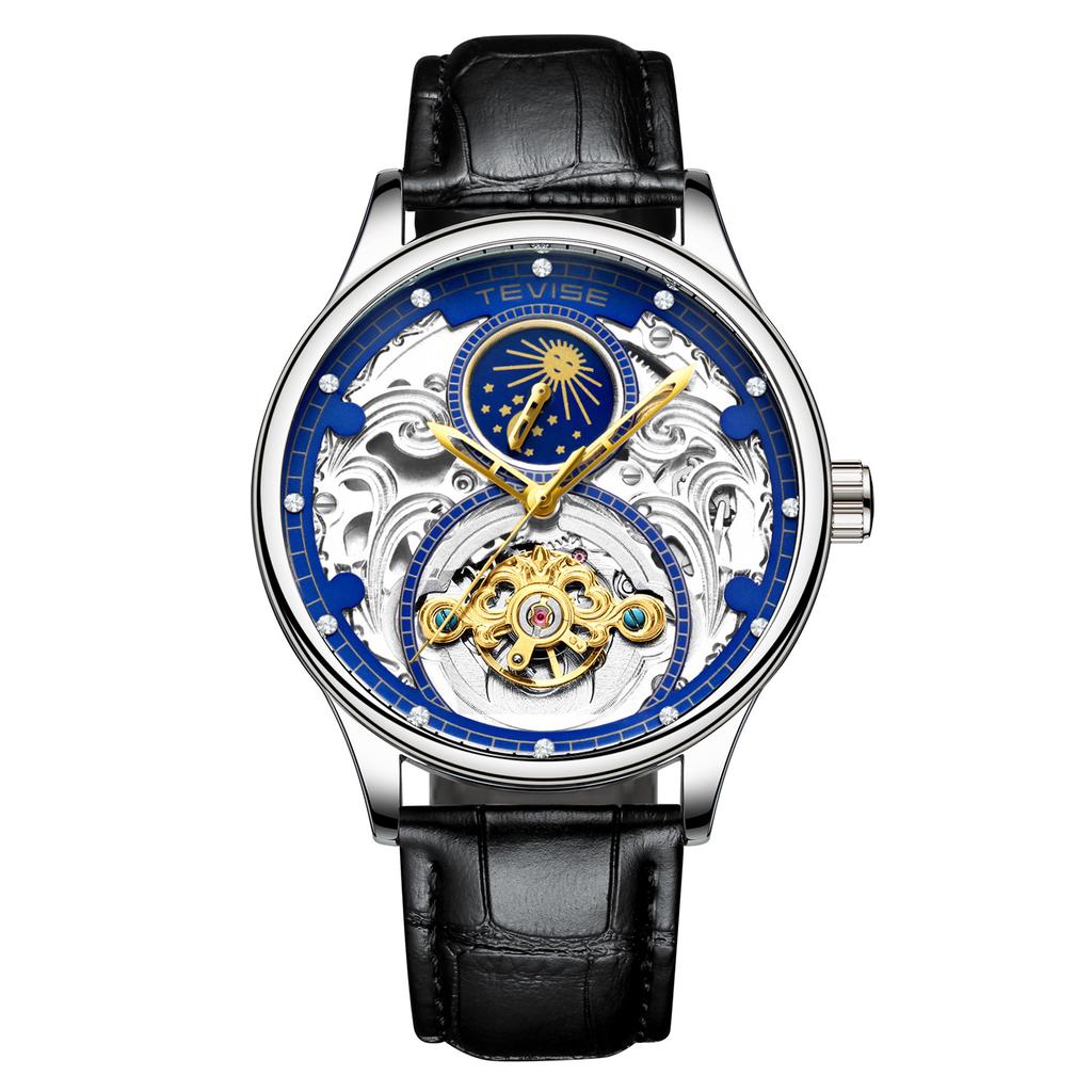 TEVISE Новые полые автоматические механические часы с турбийоном и фазой Луны, водонепроницаемые часы для мужчин