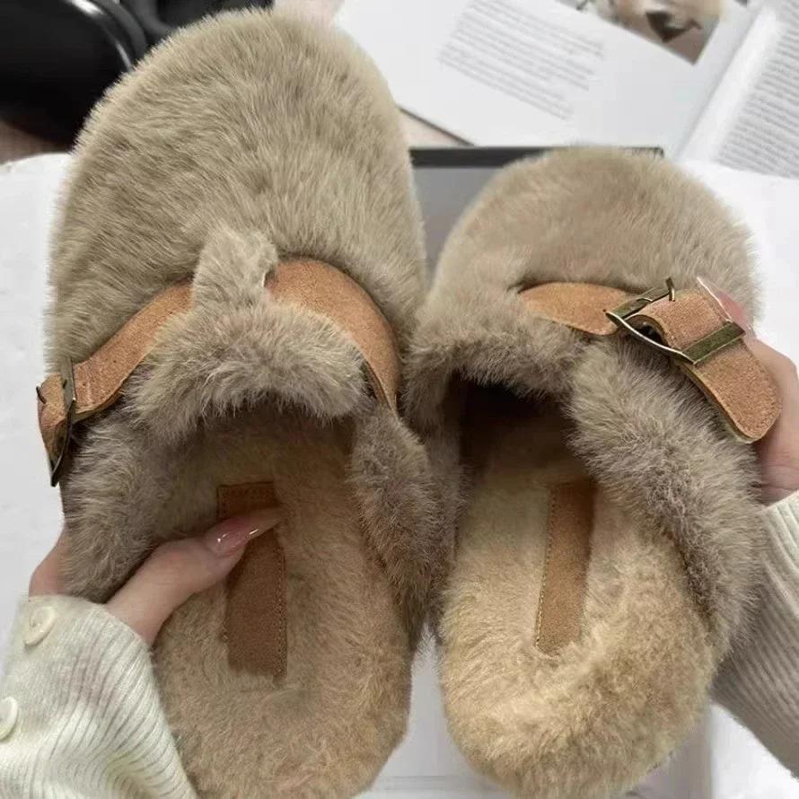 Модные женские тапочки на плоской подошве с мехом, повседневные туфли-мюли с открытой пяткой, тренд 2025 года, модная домашняя обувь из плюша и хлопка, зимние новинки для женщин, зимние ботинки