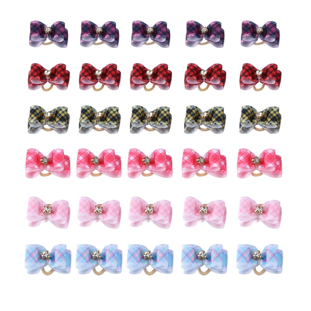 30Pcs Pet Grooming Bowknot Dog Cat Rubber Band Tiny Colorful Lattice Pet Accessory