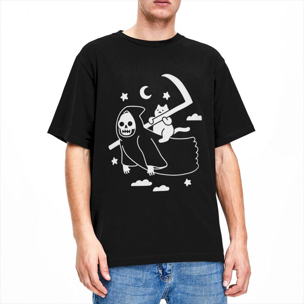 Футболка Cat Riding Grim Reaper Goth Merchandise для мужчин и женщин, готический юмор, винтаж, чистый хлопок, новое поступление, футболки