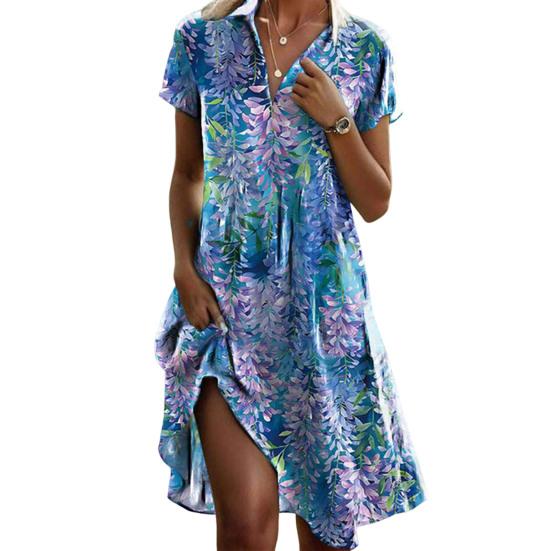 Женское платье в стиле бохо с цветочным принтом, летнее повседневное платье миди с V-образным вырезом и коротким рукавом, свободное платье-трапеция для пляжного отдыха